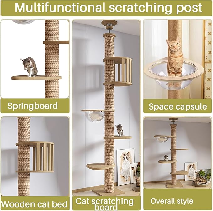 Floor to Ceiling cat Tree - Adjustable Height (95-98in,104.3-108.2in)- with Width 4.33 in Scratching Post,Cat Hammock,Fully Wrapped with sisal Rope - Heavy Duty cat Tree.(Holds 110 lbs)