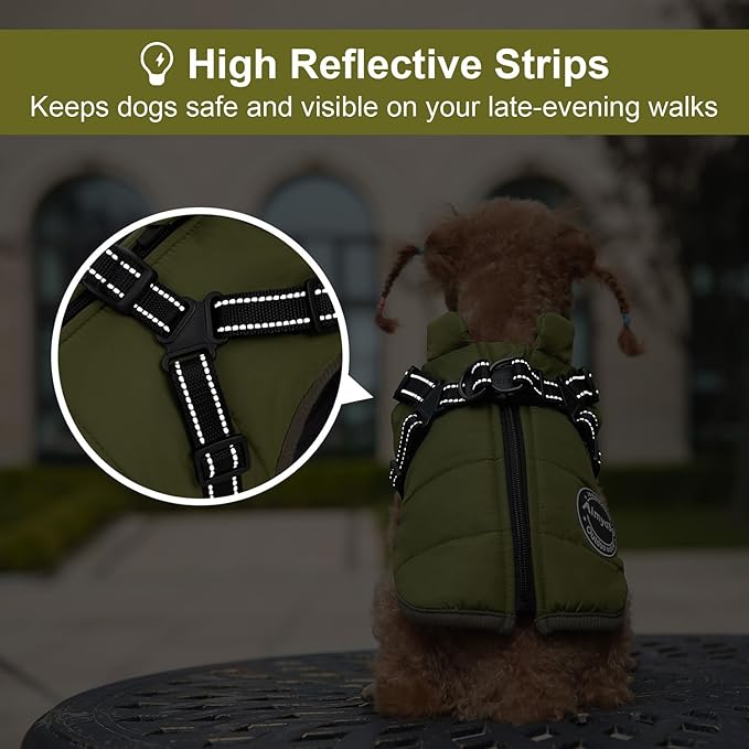 Dog Winter Coat, Warm Dog Jacket Reflective Adjustable Fleece Vest with Harness Built in, Windproof Pet Snow Jacket Snowsuit with Zipper for Small Medium Dogs, Green XS