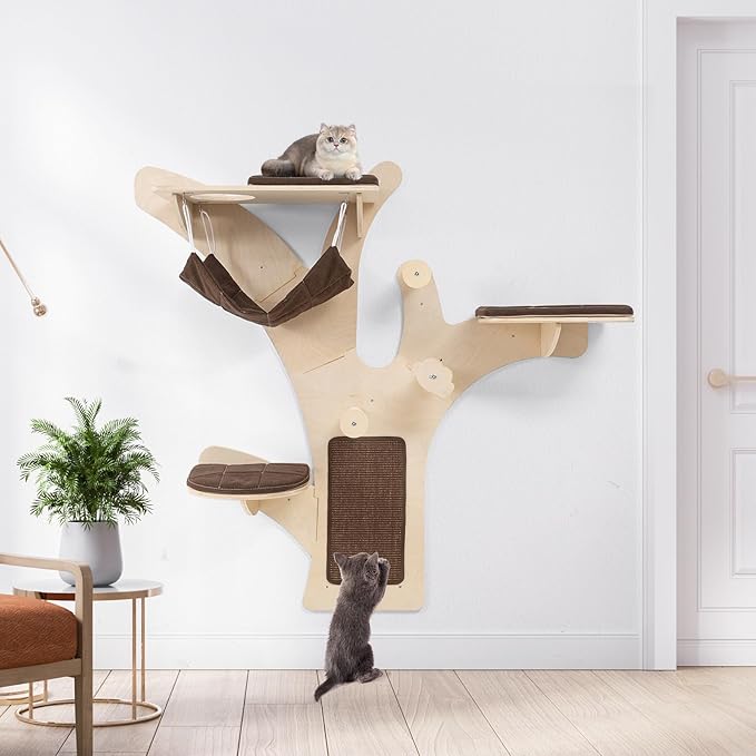 PETSITE 59 Inch Cat Wall Shelves, Tree-Like Wall Mounted Cat Tree Furniture with Sisal Scratching Posts and Mat, Perches, Hammock, Removable & Washable Padded Cushions, Cat Climber for Indoor Cats
