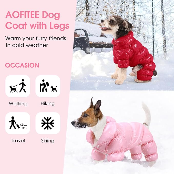 AOFITEE Dog Coat, Dog Winter Jacket, Fullbody Dogs Winter Coat Snowsuit, Waterproof Pet Puffer Jacket Snow Suit with Legs, Pet Fleece Vest, Cold Weather Coats for Small Dogs, Christmas Red L