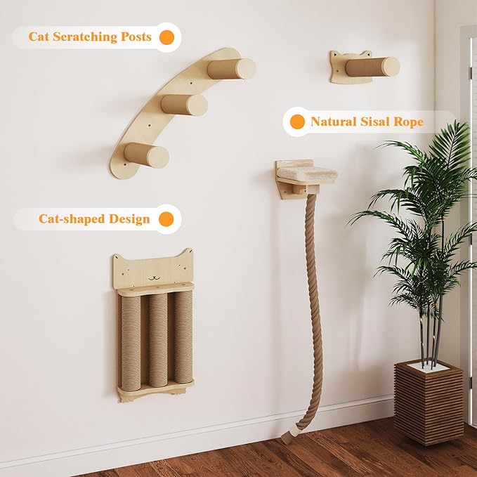 BYBYME 8 Pcs Cat Wall Climbing Set, Wood Cat Furniture with Scratching Posts, Kitten Perch, 100CM Sisal Rope & Cat Bed, Wall Mounted Cat Shelves for Sleeping, Playing & Relaxing（Natural Wood）