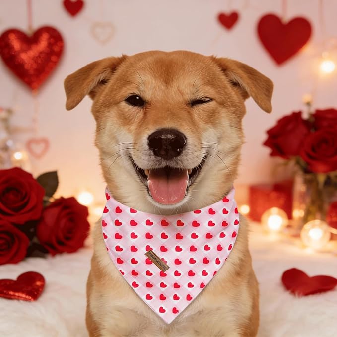 Elegant little tail Valentine's Dog Bandana - Red Heart Pet Bandanas Washable Bib Kerchief Scarf Cute Adjustable Pet Bandanas for Small Medium Dogs