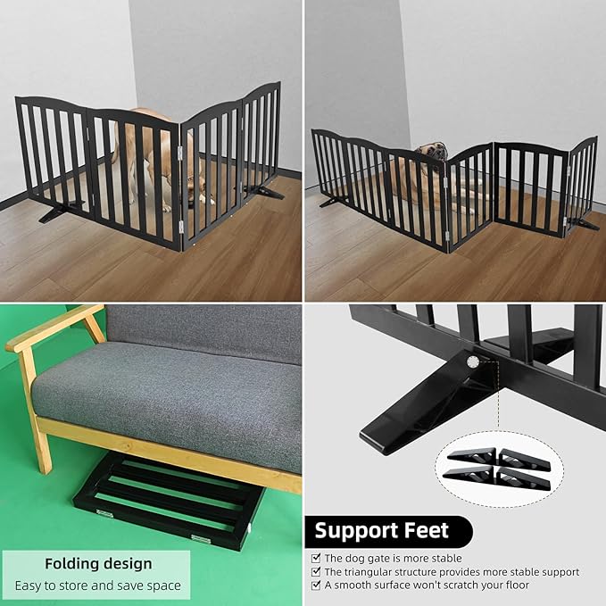 ZJSF Foldable Freestanding Indoor Dog Gate for House Wood Long Pet Gates Dog Fence for Stairs Puppy Gates for Hallways, Puppy Gate,Support Feet Included, Black, 32 "Height-2 Panels