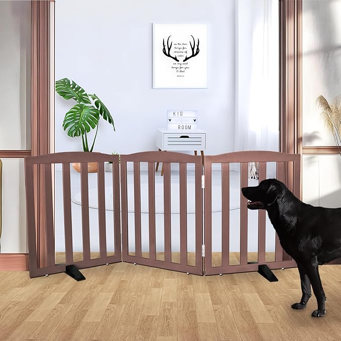 Freestanding Dog Gate Indoor,Doggie Gate Foldable Pet Gates for Doorways,Stairs or Hallways, Wooden Brown Pet Gate for the House, Pet Fence with Support Feet Included,24 "Height-3 Panels