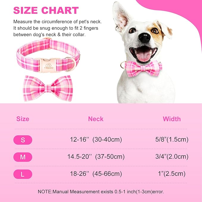 Tunkoo Dog Collar Super Cute Pink Plaid with Bow Tie - Durable Adjustable and Stylish Cotton Pet Collar for Girls Small Medium Large, L