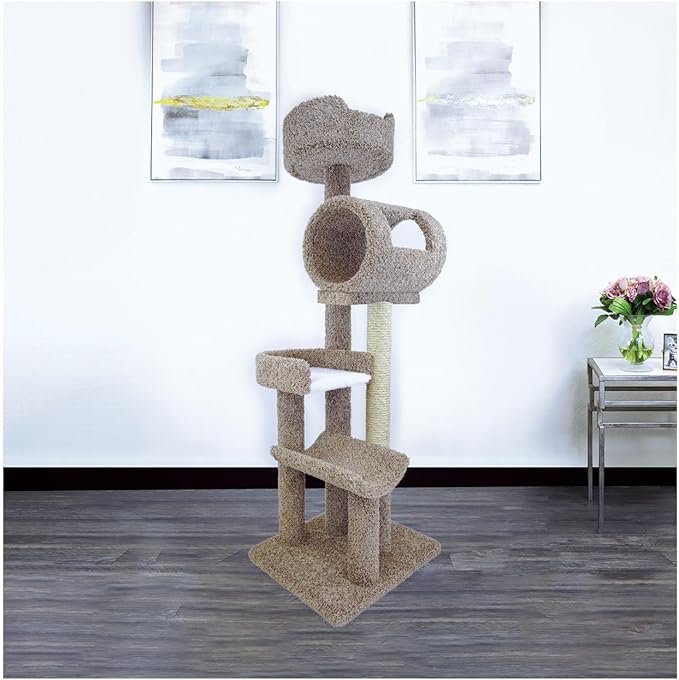 Retro Relaxation Multi-Level Cat Cat Climbing Tower Cat Tree, Solid Wood and Carpet Construction, Modern Cat Tree with Scratch Post and Sturdy Base