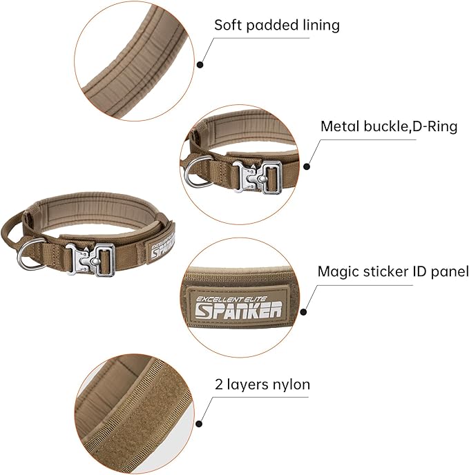 EXCELLENT ELITE SPANKER Tactical Dog Collar Nylon Adjustable Training Collar Military Dog Collar Heavy Duty Metal Buckle with Control Handle for Medium and Large Dogs with Patches(COB-L)