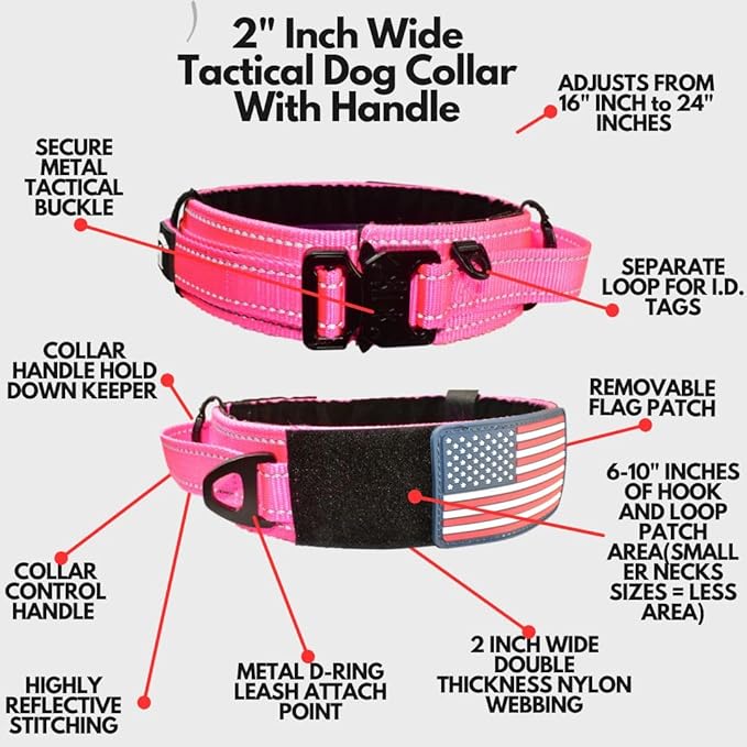 2-Inch Wide Tactical Dog Collar with Control Handle, Adjustable for Medium & Large Dogs, Military Style with Heavy-Duty Metal Buckle, USA Flag Patch & Customizable Name Plate, Training & Everyday Use