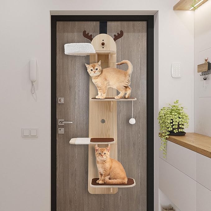 Door Hanging Cat Tree, 4-Tier Cat Climbing Frame W/Plush Ball,4.9ft Wooden Cat Ladde, 55lb Load Capacity & Sisal-Wrapped Scratching Board for Stair, Foyer, Living Room, Enclosed Balcony. (Frame)