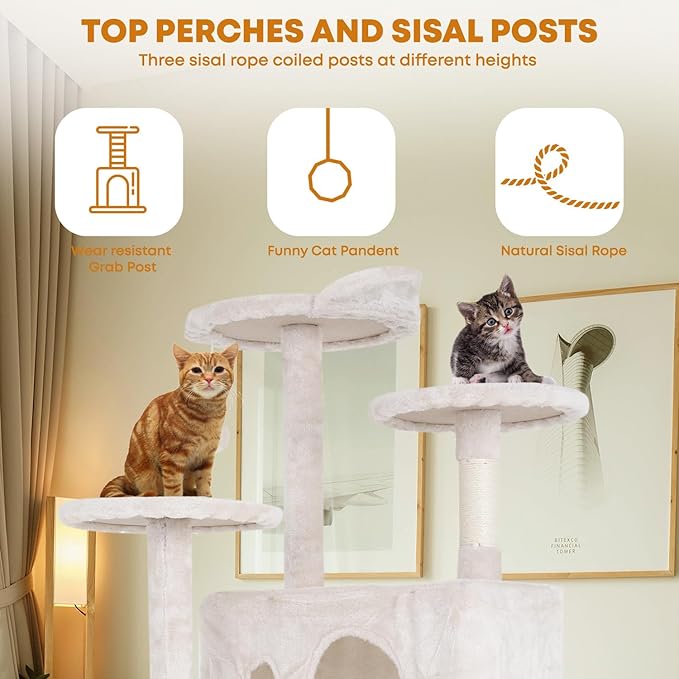 54inCat Tree Tower for Indoor Cats, Cat Tower with Cat Scratching Post, Multi-Level Cat Furniture, Cat Tower with Funny Toys for Kittens-Beige