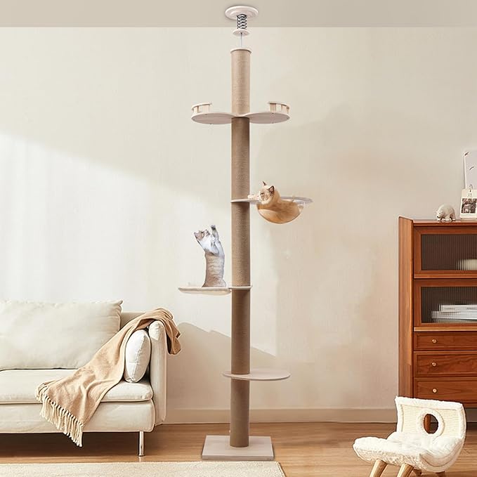 Cat Tree with Hammock, Floor to Ceiling Cat Climbing Tower with Clear Space Capsule and Natural Sisal Rope Scratching Post (Adjustable Height: 100.4"-104.3"), 33LBS Capacity
