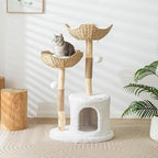 Modern Cat Tree for Indoor Cats Large Adult, 46.5" Tall Wooden Cat Tower for Large Cats with Scratching Post, Luxury Cat Condo, White