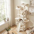 Tangkula 65 Inch Tall Cat Tree, Multi-Level Cat Tower with Sisal Scratching Posts & Board, 2 Condos, 3 Plush Top Perches, Adjustable Basket, 3 Hanging Balls for Indoor Cats (Beige)