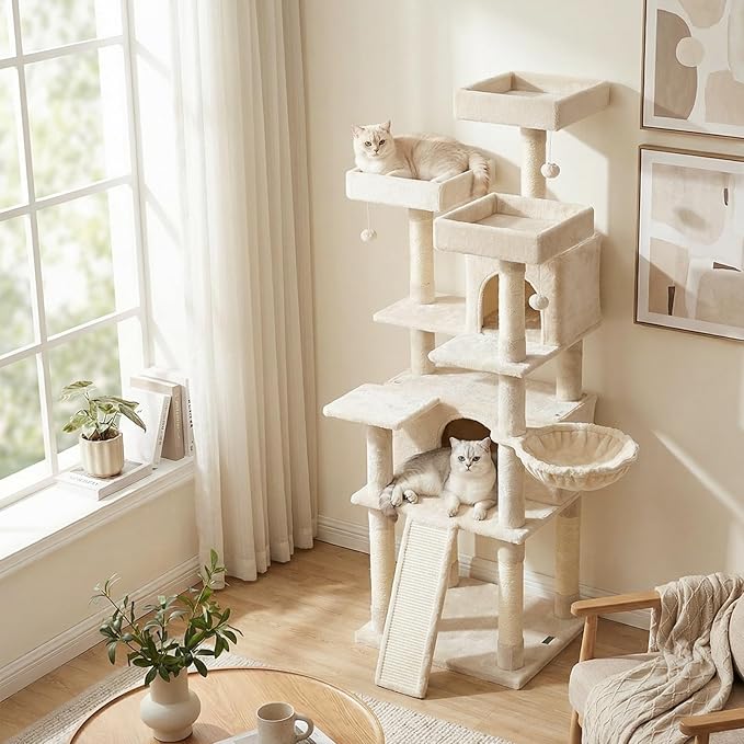 Tangkula 65 Inch Tall Cat Tree, Multi-Level Cat Tower with Sisal Scratching Posts & Board, 2 Condos, 3 Plush Top Perches, Adjustable Basket, 3 Hanging Balls for Indoor Cats (Beige)