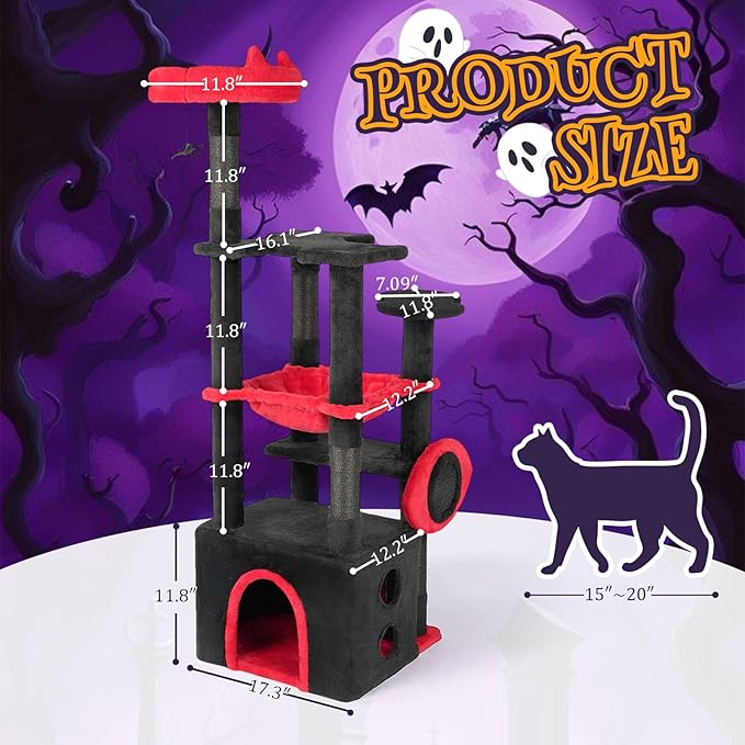 Outvita Halloween Large Cat Tree,53.1" Gothic Cat Tower with Padded Perch, Spacious Condo, Comfy Hammock, Scratching Post, Hanging Toy for Indoor Cats, Red & Black