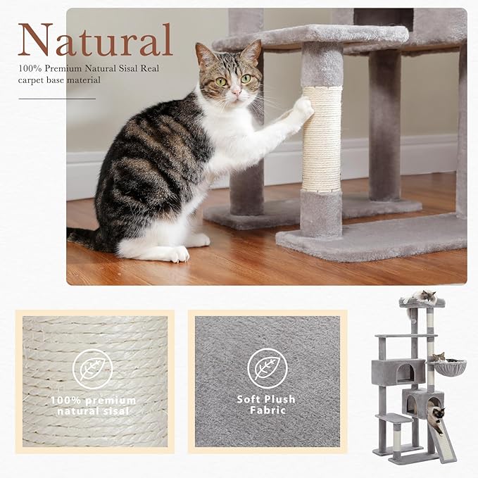 PEQULTI 60'' Cat Tree, Tall Cat Tower with 2 Large Condos, Wide Top Perch, Cozy Hammock and Sisal Scratching Posts for Indoor Cats Lare Adult Gray