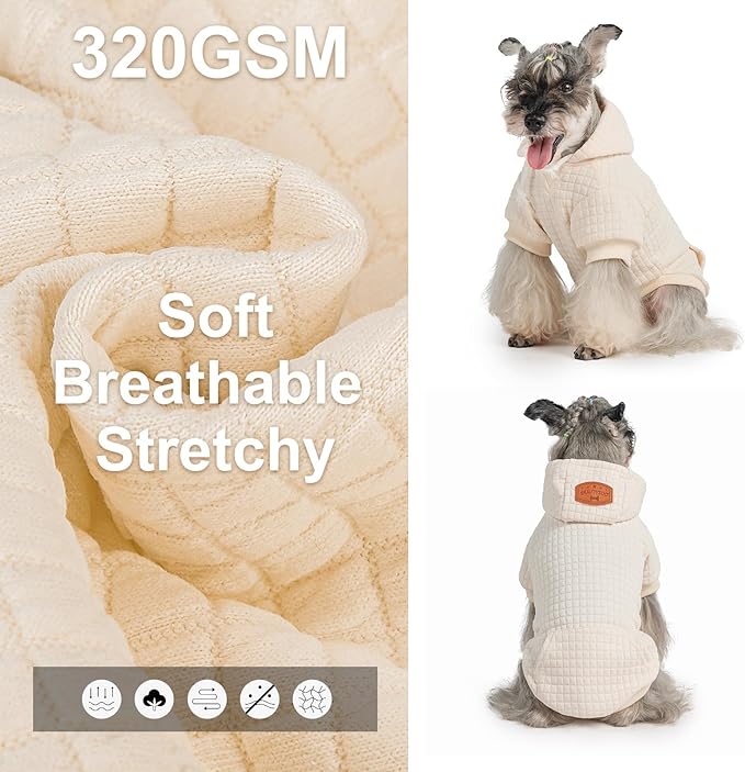 BEAUTYZOO Small Dog Hoodie Sweater with Pockets, Dog Clothes for Small Medium Dogs Boy Girl, Waffle-Like Laminated Cotton Pet Coats with Hat and Leash Hole, Cream L