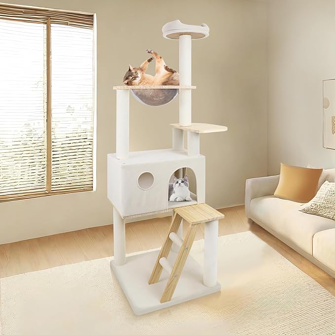 Cat Tree Tower for Indoor Cats Large Adult-Extra-Large Cat Condo & Transparent Spacecraft Pod | 8 Fully-Wrapped Sisal Cat Scratching Posts,1" Thick Base,Sturdy Cat Tower for Cats Up to 20 lbs