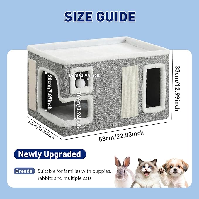 Cat Houses for Indoor Cats,Foldable with Cat Scratch Pad and Hanging Fur Ball - Washable Semi-Enclosed Cat Bed, Warming Comfy Cat Tent,22.83x16.92x12.99inch, Grey