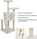 Cat Tree - 4-Tier Cat Tower for Indoor Cats with Perches, Kitty Condo, 5 Cat Scratching Posts, Hanging Toy, and 2-Step Ladder by PETMAKER (White)