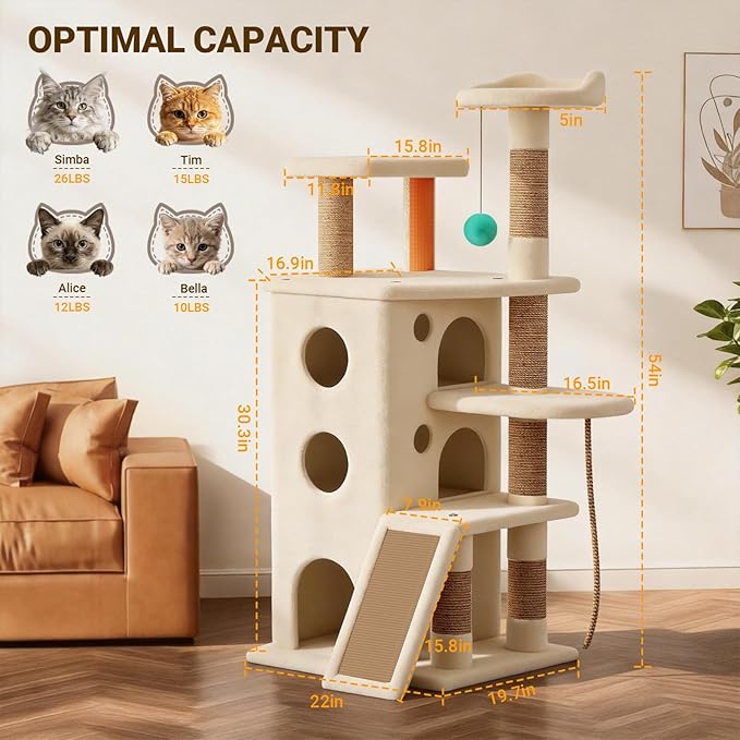 【Tank-Sturdy Tower】 PetDance Heavy Duty Cat Tree for Cats Fits Kittens to XL Maine Coons, Cat Tower with Scratching Posts, Cat Climber with 3 Spacious Hideaway, Beige