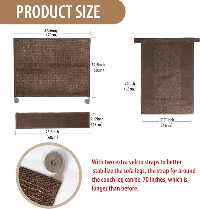 Couch Cat Scratch Protector-Universal Couch Protector from Cat Claws for Both Sofa Arm Sides,Color-Matched Sisal Pad, Couch Corner Cat Scratcher(Brown)