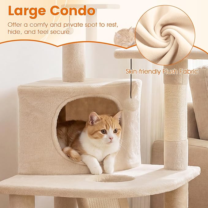 PETSITE 44-inch Multi-Level Cat Tree, Modern Cat Tower with Sisal Scratching Posts, Cozy Condo, Playful Cat Hole, Sisal Covered Ladder, and Dangling Ball, Ideal for Indoor Cats and Kittens (Beige)