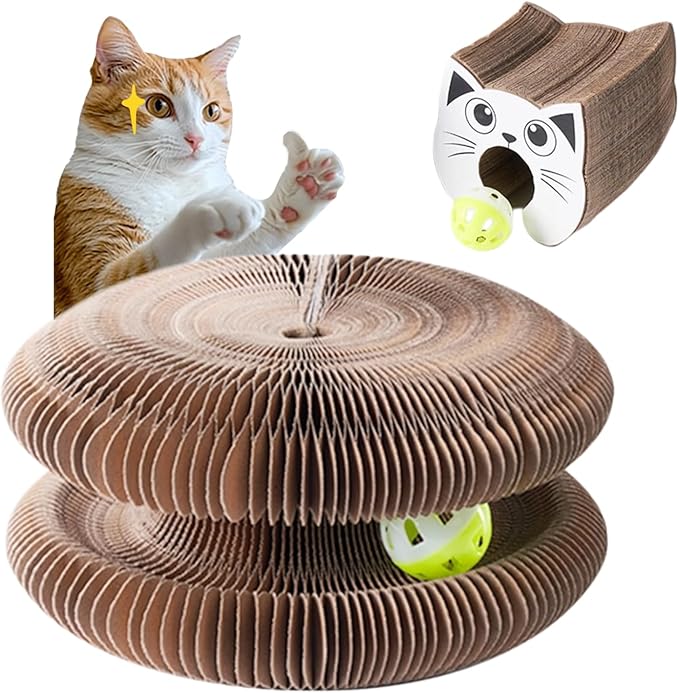 Magic Organ Cat Scratcher Cardboard Bed with Ball - Interactive Adventure Lounge & Scratch Pad for Indoor Cats, Mental Enrichment Toy for Clawing Exercise and Furniture Protection, 1-Pack
