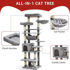 Cat Tree for Large Cats 67 Inches,Multi-Level Cat Tower with Scratching Posts, Condo, Perches, Hammock, Tunnel & Feeding Station,Light Gray