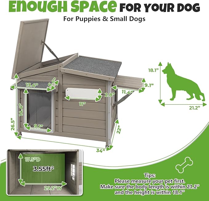 Large Outdoor Wooden Dog House, Weatherproof Dog Houses with Adjustable Vent Windows, Alloy Chew-Resistant Frame, Removable Floor for Medium & Large Dogs, (34" L x 22" W x 25.9" H)