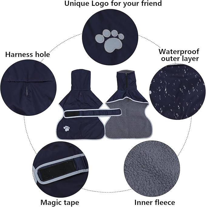 Geyecete Dog Winter Coat Greyhound Raincoat Fabric with Lamb Velvet Inside Outdoor Dog Apparel with Adjustable Bands for Medium, Large Dog-Navy-XS