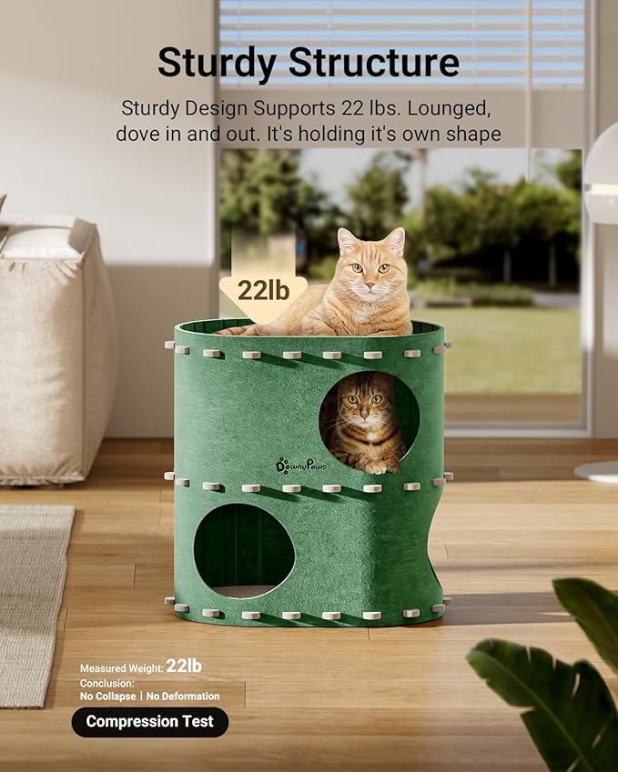 DownyPaws Cat House for Indoor Cats, 2-Storey Foldable Cat Bed Cave, Felt Cats Tunnel Bed Condo, Castle Kitten Cube Hideaway for Multicats, Scratch Resistant, Forest