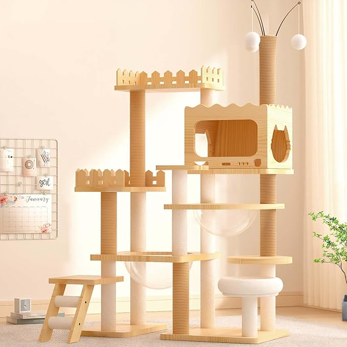 66.9” Wood Cat Tower with Sisal Scratching Post, Modern Cat Tree with 2 Acrylic Bowl, Cat Condo, Climbing Ladder & 3 Hanging Ball Toy, Multi-Level Cat Activity Center (66.9 inch)