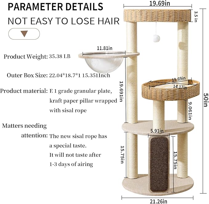 Cat Tree for Large Cats, 50'' Multi-Level Cat Tower for Indoor Cats, Sturdy Design with 6 Sisal Scratching Posts 1 Board, Space Capsule Perch, Hanging Plush Ball & Easy Assembly