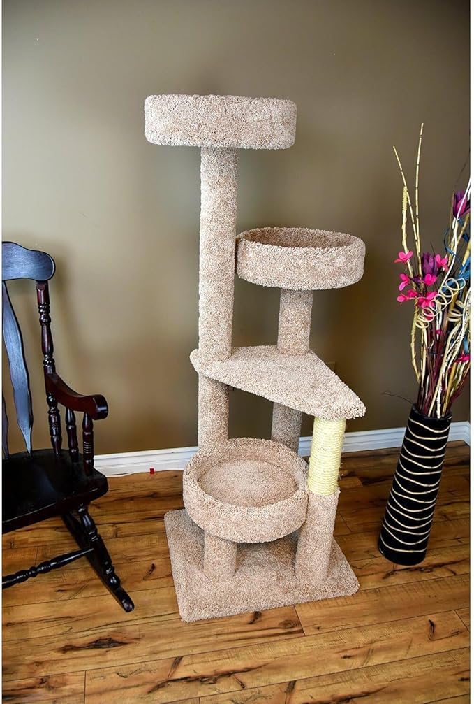 Maykoosh Rustic Recluse Large Cat Tower with Easy to Access Spacious Perches, Carpet Upholstered Cat Tree for All Cat Breeds, Multi-Perch Cat Tree with Sisal Rope Scratch Post Taupe/Neutral