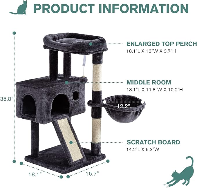 IMUsee 36 Inches Cat Tree Condo with Sisal Scratching Posts, Scratching Board, Plush Ball and Middle House, Cat Tower Furniture Kitty Activity Center Kitten Play House, Dark Blue