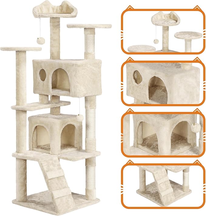 Topeakmart 61in Cat Tree for Indoor Cats, Cat Tower with Scratching Posts Spacious Perch & Platform for Kittens, Beige