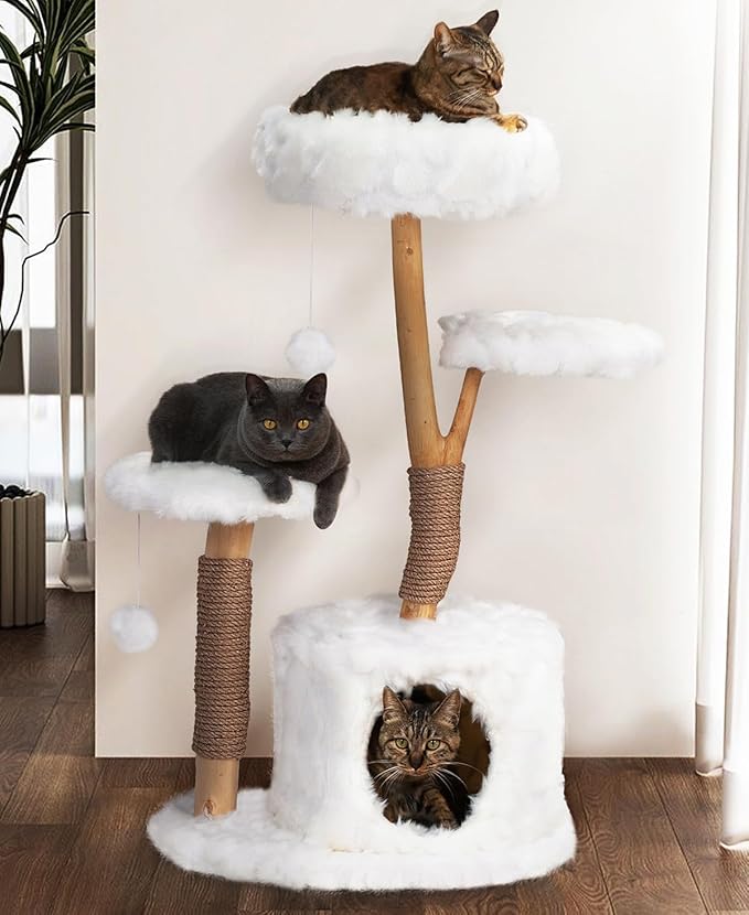 COZIWOW Cloud Cat Tree for Indoor Cats, 42" Modern Aesthetic Cat Tower with Solid Wood Branches, Top Cat Bed, Side Perch, Large Condo, Scratching Posts, Cat-Approved, White