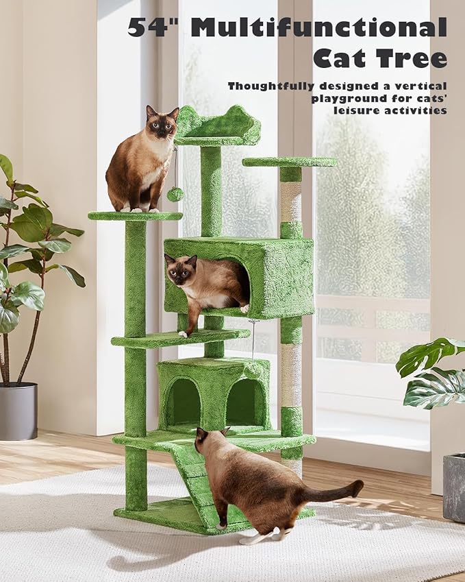 Yaheetech 54in Cat Tree, Cat Tower with Large Condo Sisal Scratching Posts and Dangling Balls, Pet Furniture for Kitten, Green