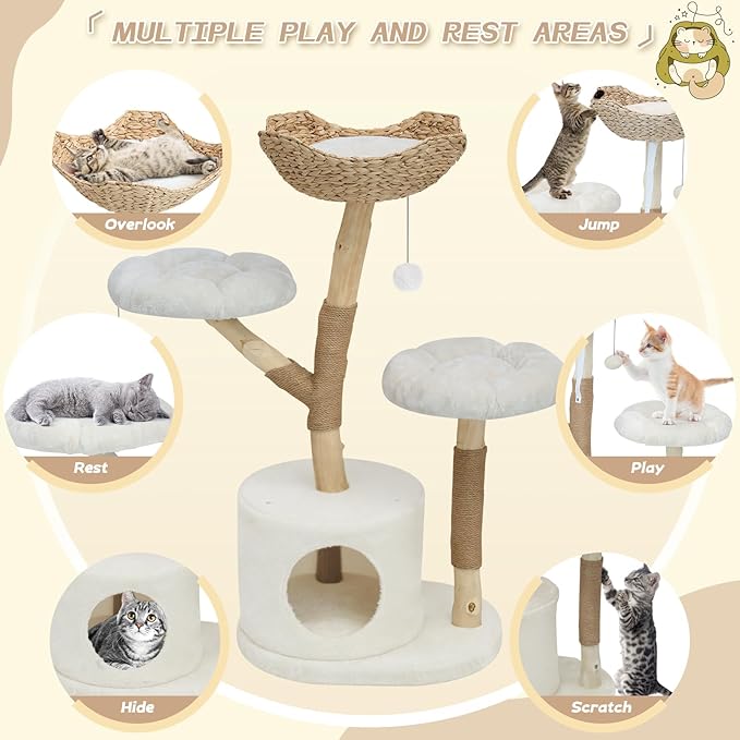 MOLACHI Modern Cat Tree Tower, 41in Tall Real Solid Wood Cat Tree for Indoor Big Cats, Plush Multi-Level Cat Condo with Sisal-Covered Scratching Posts, Dangling Ballor Fun Play, Ideal Pet Gift