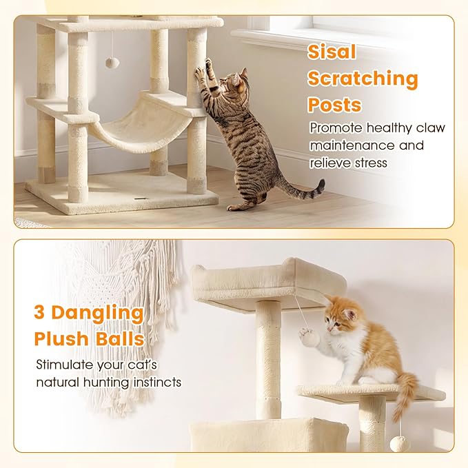 PETSITE 80-inch Tall Modern Cat Tree, Multi-Level Cat Tower with 2 Comfy Condos, Sisal Scratching Posts, Side Basket, Snug Hammock, and Dangling Balls, Ideal for Indoor Cats and Kittens (Beige)