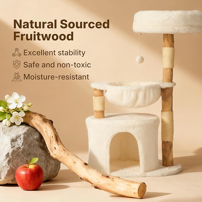 Veehoo Wood Cat Tree, Aesthetic Modern Cat Tree Tower with Scratching Posts, Luxury Cat Condo with Large Hammock and Soft Plush Perch for Indoor Cats