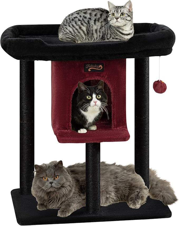Cat Tree Tower Scratching Post for Indoor Large Cats, Small Cat Tree with Big Perch Bed, 28in Tall Trees House with Condo Cave, Toy Balls, Modern Climbing Furniture Platform for Kitten (Black)