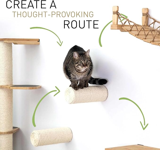 Catastrophic Creations Cat Tree with Hammock Perch – Mounting Wall Cat Shelves w/Canvas Fabric – Bamboo Wood Cat Tree Floating Steps – Lounger & Climber Cat Trees – Modern Cat Furniture