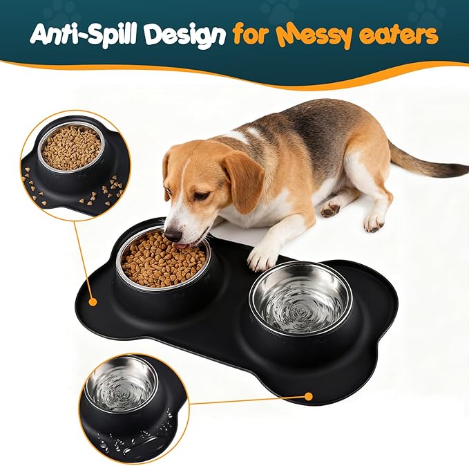 Bonve Pet Double Dog Food Bowls Stainless Steel & Water Dish with No-Spill and Non-Slip Silicone Mat, Removable Puppy Feeder Bowls for Small Medium Size Cat Dogs Kitten,14oz