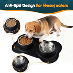 Bonve Pet Double Dog Food Bowls Stainless Steel & Water Dish with No-Spill and Non-Slip Silicone Mat, Removable Puppy Feeder Bowls for Small Medium Size Cat Dogs Kitten,14oz