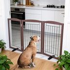 ZJSF Freestanding Dog Fence Indoor, Foldable Dog Gate for Doorways, Stairs or Hallways, Sturdy Wood Extra Wide Pet Gate with Support Feet for The House, Brown, 32 "Height-3 Panels