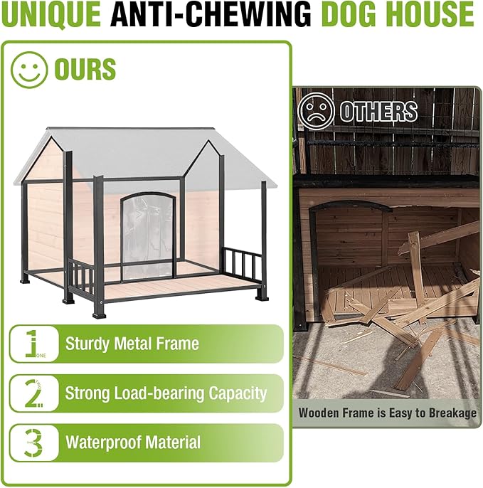 GUTINNEEN Heated Dog House Outdoor for Winter, Extra Large Dog Kennel with Metal Frame for Large Breeds, Insulated Dog Shelter with Heated Pad and Insulated Liner, Waterproof Asphalt Roof, Large Porch
