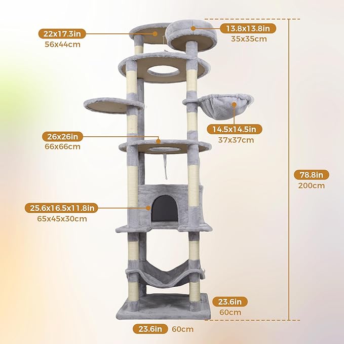 Light Gray 78in Heavy Duty Cat Tree, Cat Tree Tower for Indoor Cats Large Adult, Extra Cat Tower with 12 Sisal Scratching Post, Large Top Platform, Hammock, Cat Condo for Kittens