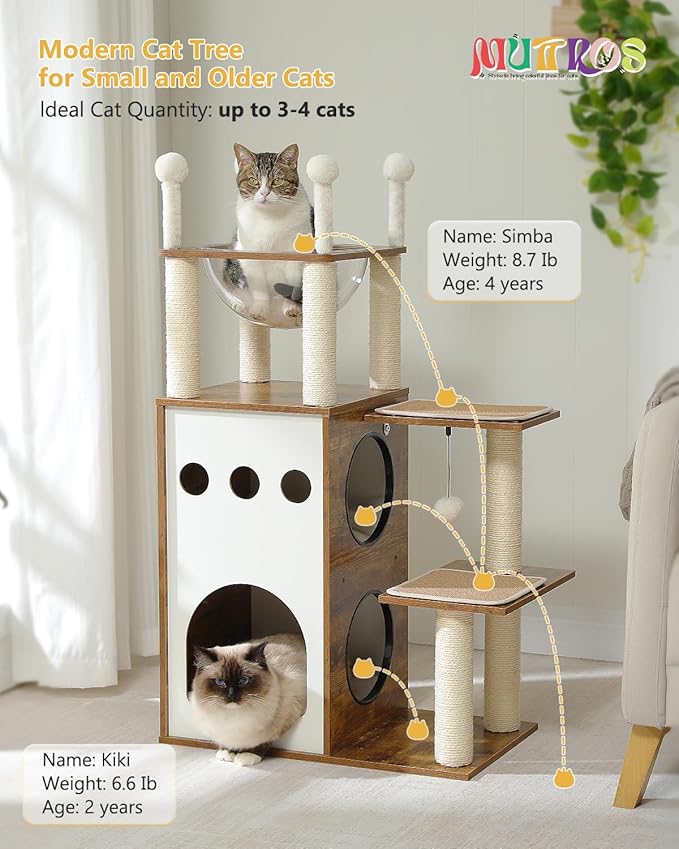 42.5" Modern Wooden Cat Tree with 2-Story Condo, Scratching Posts, Capsule Nest & Dangling Balls - Sky City Design Indoor Furniture for Cats, Rustic Brown